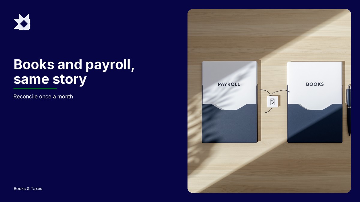 Books and payroll hero: two folders labeled Payroll and Books connected on a desk