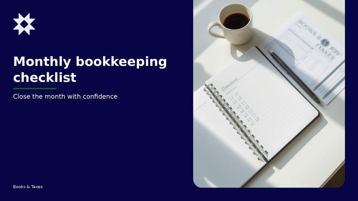 Monthly bookkeeping checklist hero: notebook, coffee, and a Books & Taxes receipt on a desk